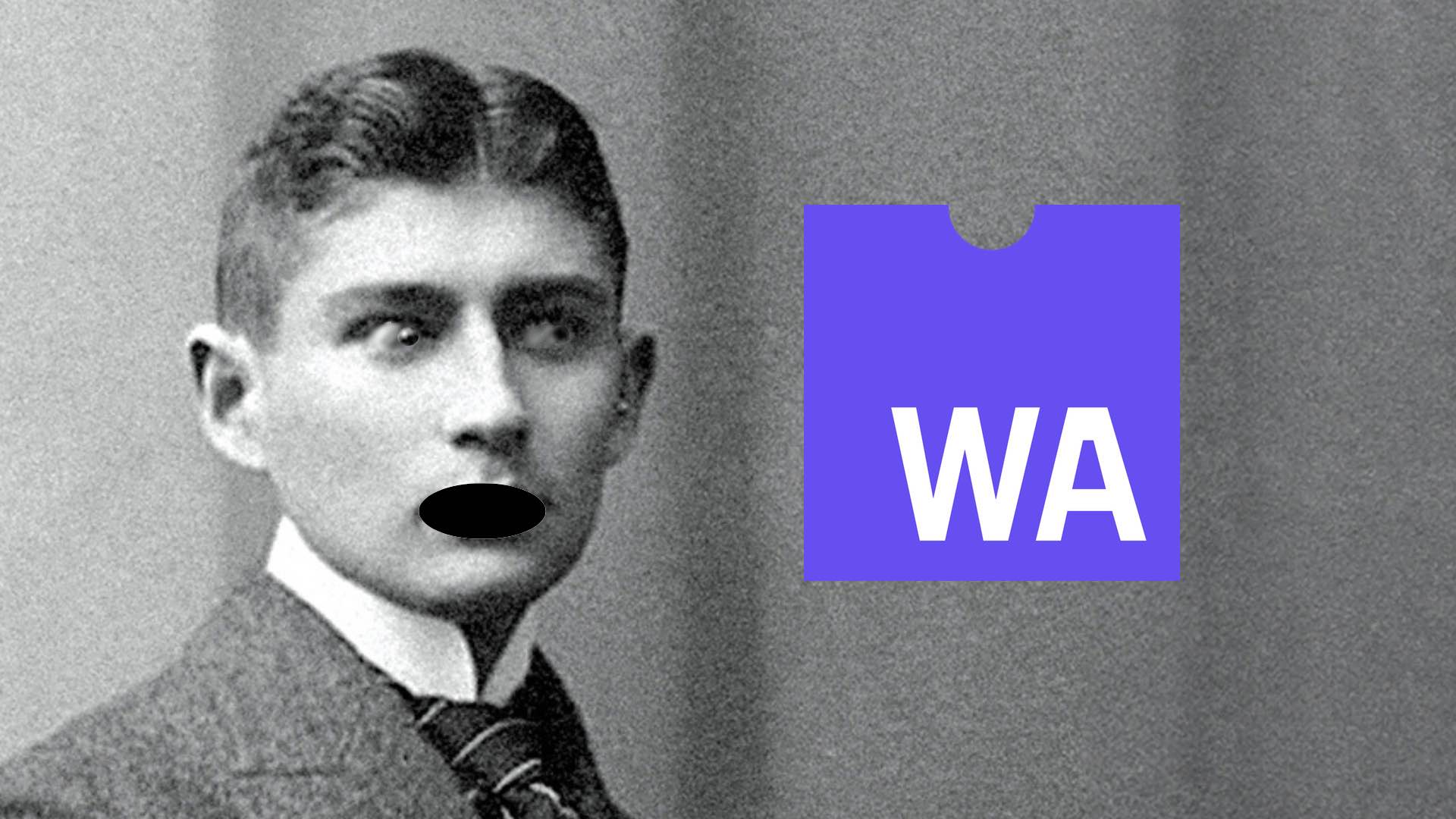 Picture of Franz Kafka looking surprised at the Wasm Logo